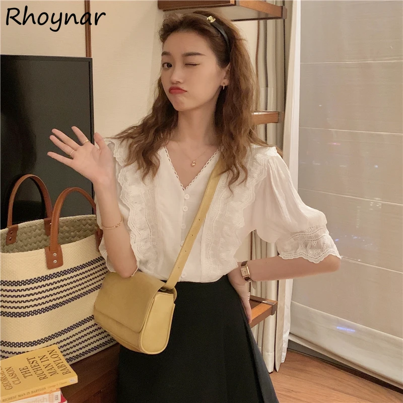 

Shirts Women Solid Lace Fashion New Retro Simple Korean Style Short Sleeve Elegant Lady All-match V-neck Chic Tops Sweet Casual