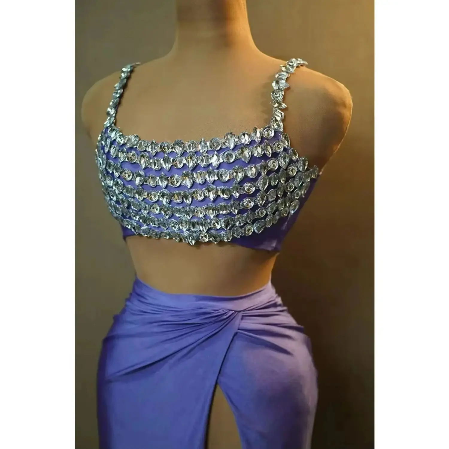 Alluring Nights Skin Tan Rhinestones Party Dress With Plunging Cups & Thigh Split