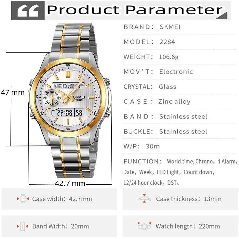 Skmei Men's LED Waterproof Sports Watch with Analog-Digital Display and Multi-Time Zone功能