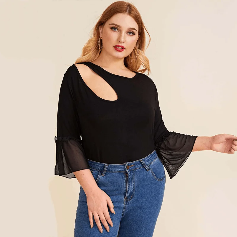 

Plus Size Summer Spring Asymmetrical Neck Elegant Tunic Women Bell Sleeve Sexy Hollow Out Top Blouse For Any Occasion 5XL 6XL