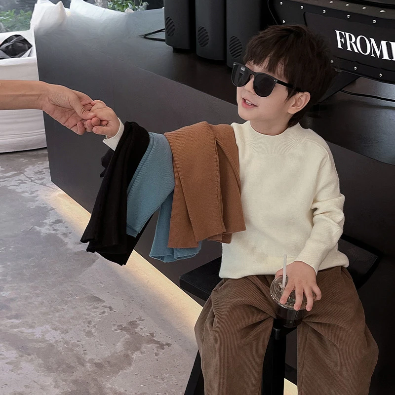 

2023 Winter Kids half turtleneck sweater solid coor all-match bottoming knitwear Boys warm casual knit pullover