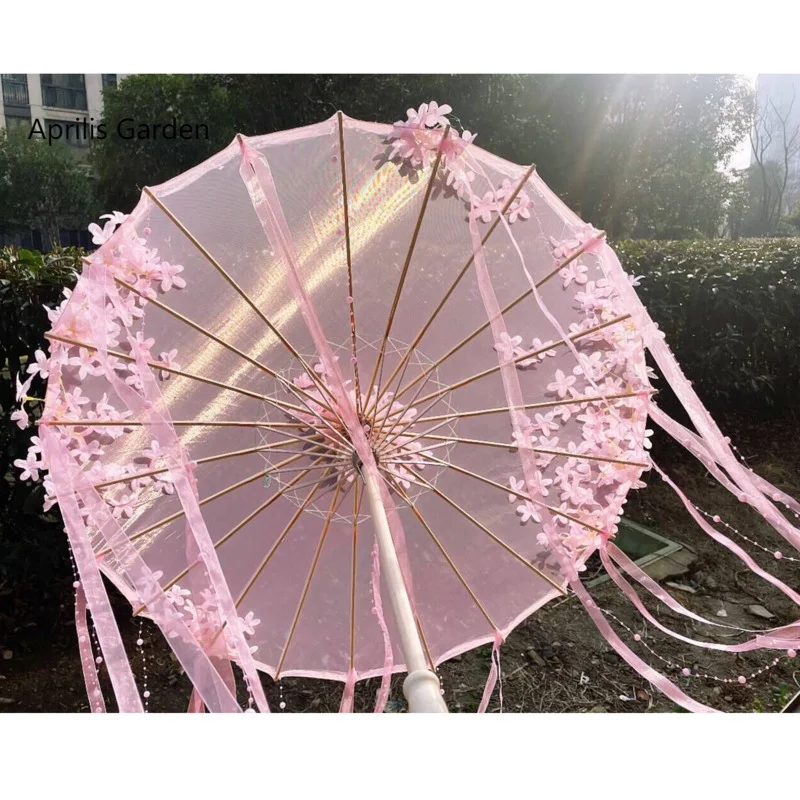 Pink Flowers Decorative Umbrella Hanfu Kimono Cosplay Photograph Props Craft OilPaper Umbrella Parasol Sakura Lace Umbrellas