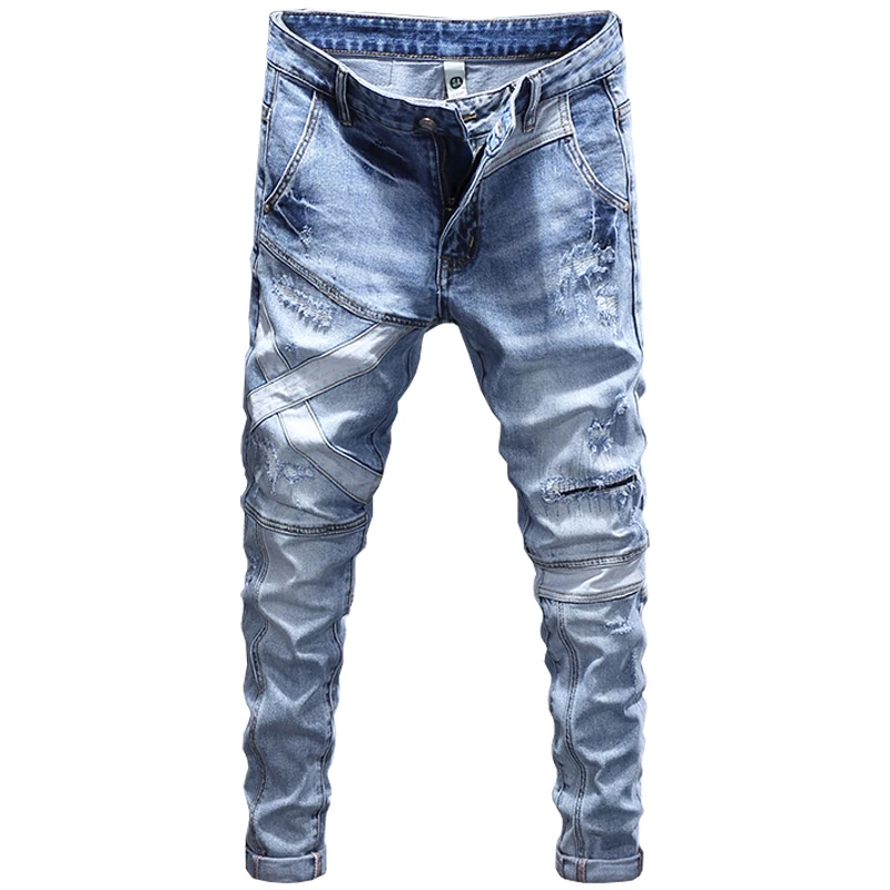 Street Fashion Men Jeans Retro Light Blue Elastic Stretch Slim Fit Ripped Jeans Men Spliced Designer Hip Hop Denim Pants Hombre