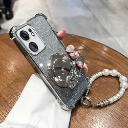 Glitter Mirror Holder Bracelet Chain Shockproof Back Cover Case for Reno12 FS 5G (JMCX ZZSL Sliver)