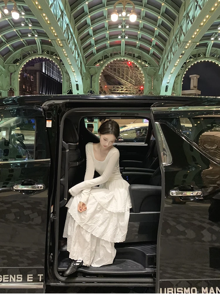 Autumn New Cake Midi Dresses for Women Solid Long Sleeve U-neck Backless A-line Korean Fashion Casual One Piece Vestidos Mujer