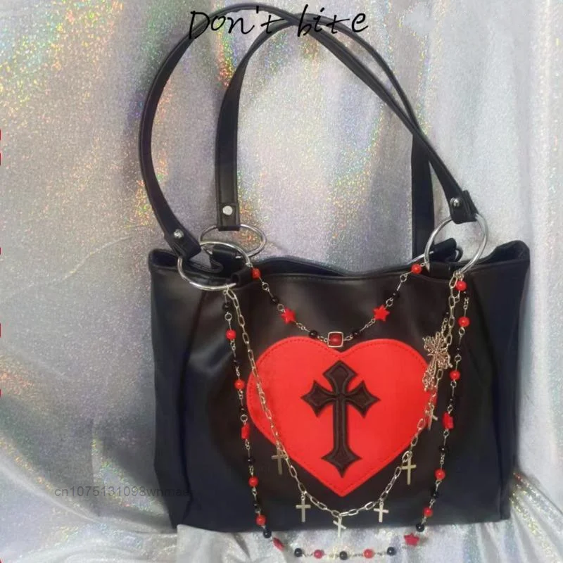 

Goth Punk Cross Heart Angel Shoulder Bag for Women Y2k Chains Decor Streetwear Fashion Anime Spicy Cool Grunge PU Handbag