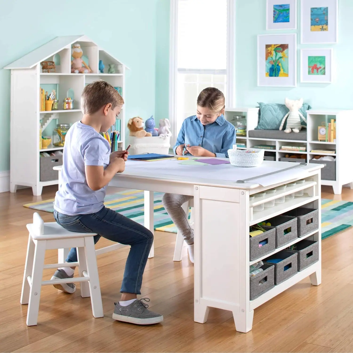 Children tables kids' art table and chair set creamy white wooden drawing and painting desk with paper roller paint cups