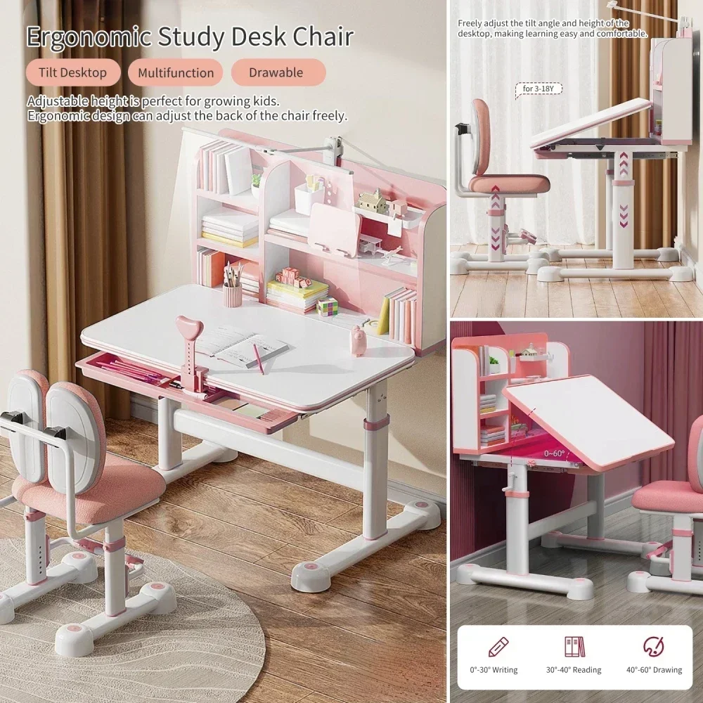 Kids Desk and Chair Set Height Adjustable, 31.5"W Ergonomic Kids School Writing Study Table Tilt Desktop Drawers Workstation