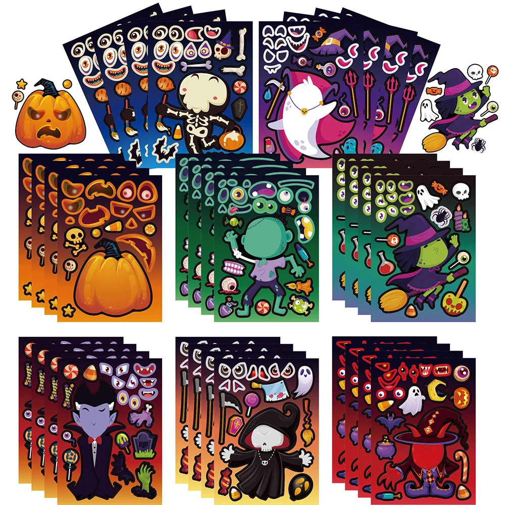 8/16Sheets Cartoon Halloween Children Puzzle Stickers Games Make-a-Face DIY Funny Assemble Jigsaw Craft Sticker Education Toy
