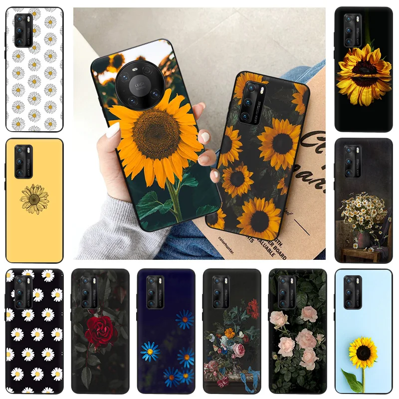 

Phone Case For Huawei P50 P40 Lite P30 Pro P20 P10 P-Smart Z 2021 Y6 Y7 2019 Y9 Black Shell Cover Retro Daisy Rose Flower Leaves