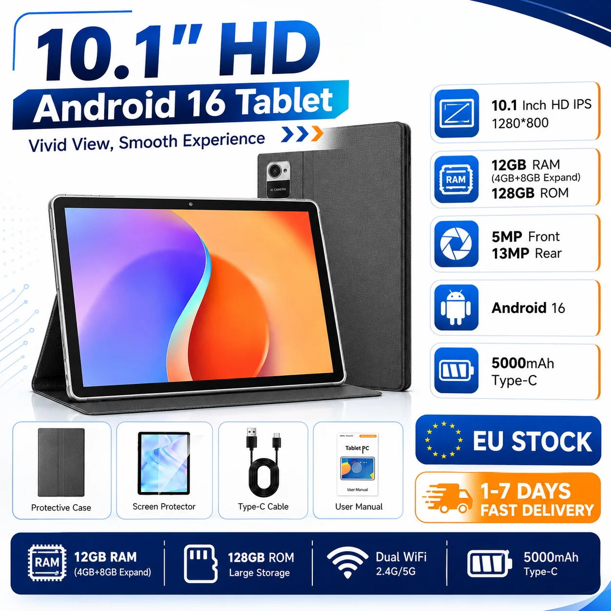 KOOMDIGI W30 Tablette PC Android 16 de 10,1 pouces, 12 Go de RAM (4 Go + 8 Go d'extension), 128 Go de ROM, écran HD IPS 1280x800, WiFi 2,4G+5G, double caméra 5MP+13MP, batterie 5000 mAh, Type-C 1