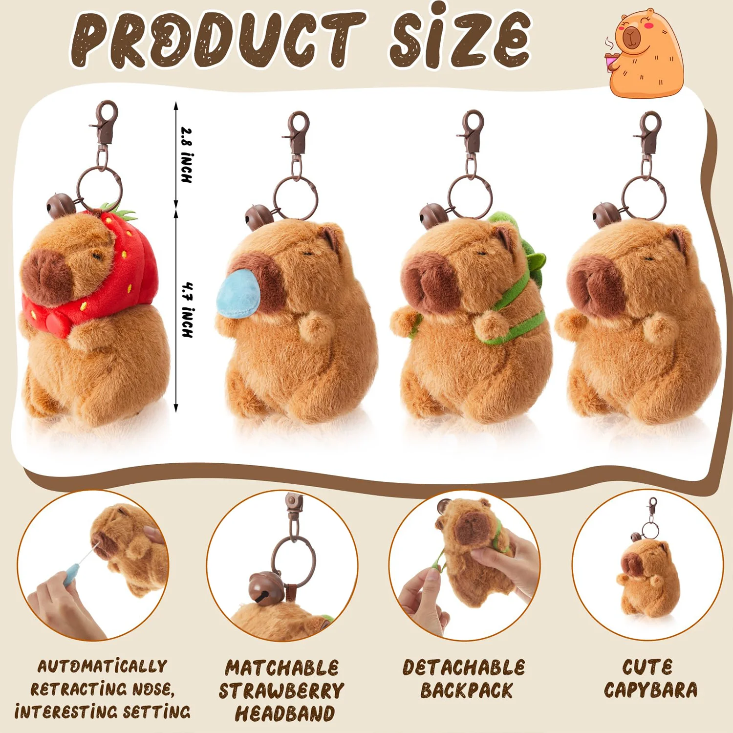 Capybara Plush Keychain Cute Capybara Stuffed Animals Toys Fluffty Animal Keyring Pendant for Backpack Birthday Gift 8-48 Pcs plush toy plush keychain key chain capybara plush toy