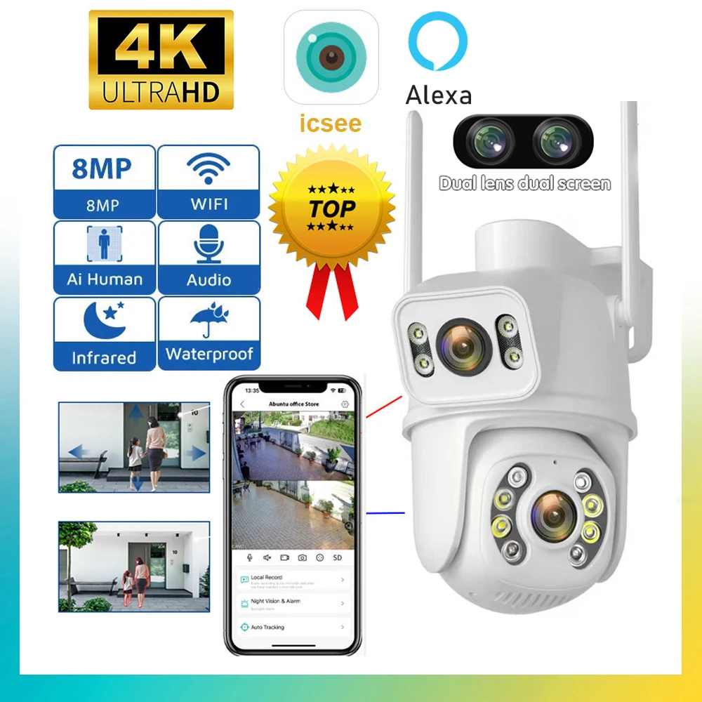 6MP 4K PTZ Wifi Camera Dual Lens with Dual Screen Ai Human Detect Auto Tracking Wireless Outdoor Surveillance Camera