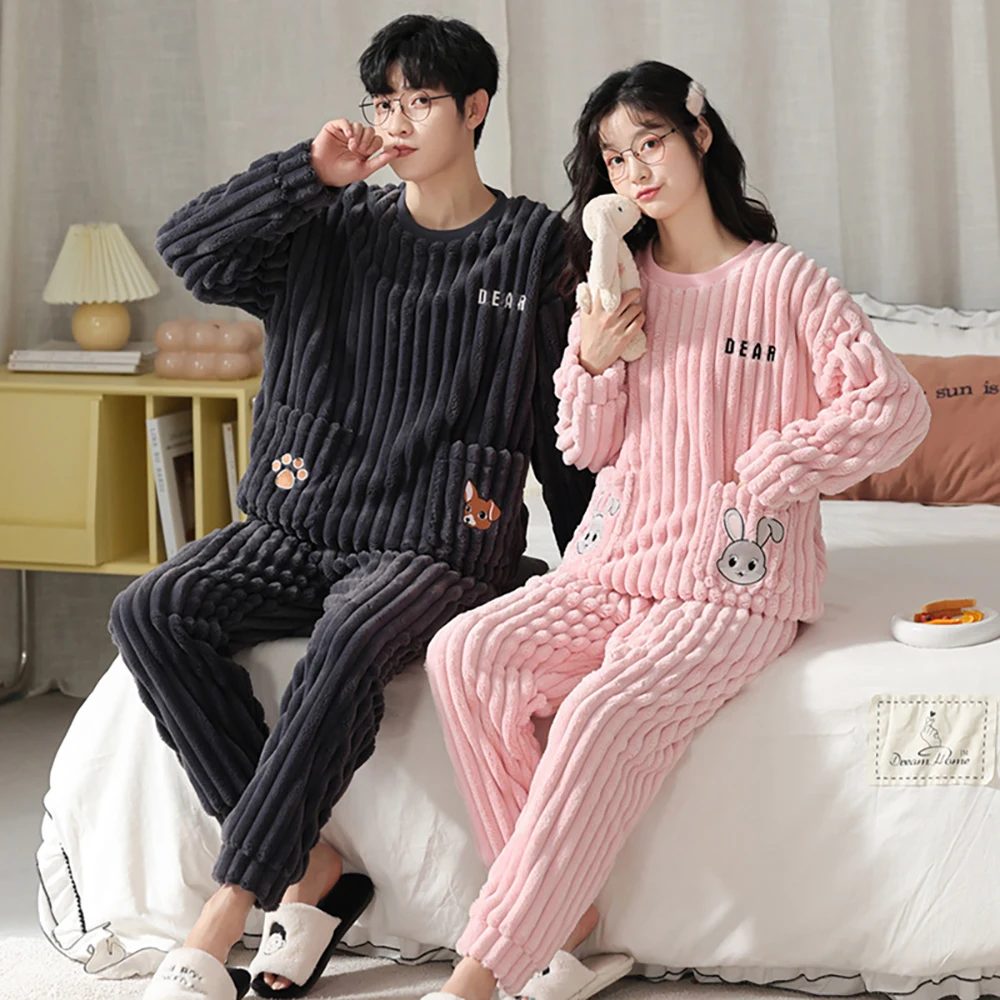 Autumn Winter Exquisite Flannel Thicken Warm Couple Sleepwear for Sleeping Cute Sweet Panda Pajamas for Men Antistatic Pijamas