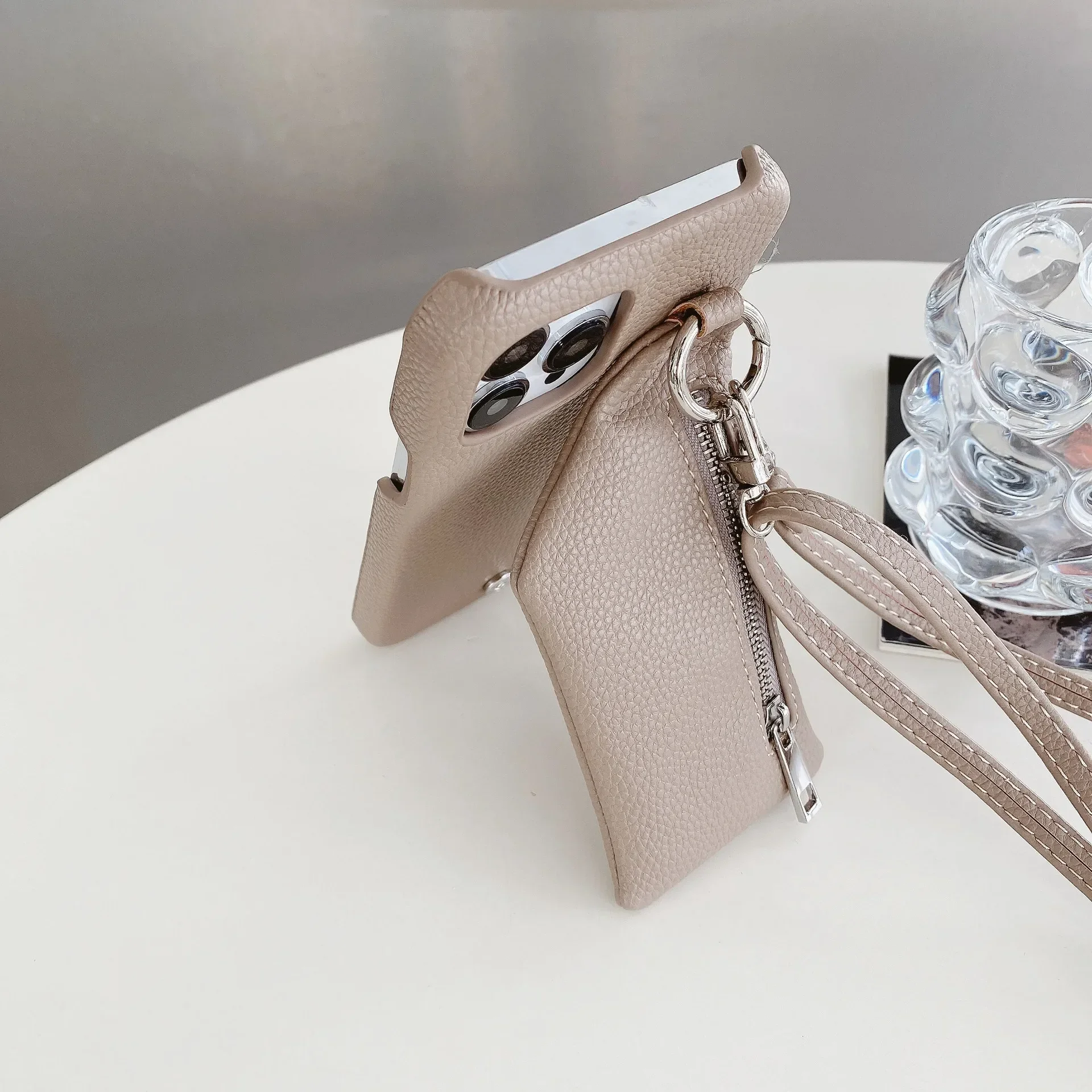 Zipper Wallet Crossbody Lanyard Phone Case with Card Pocket and Coin Purse in Leather