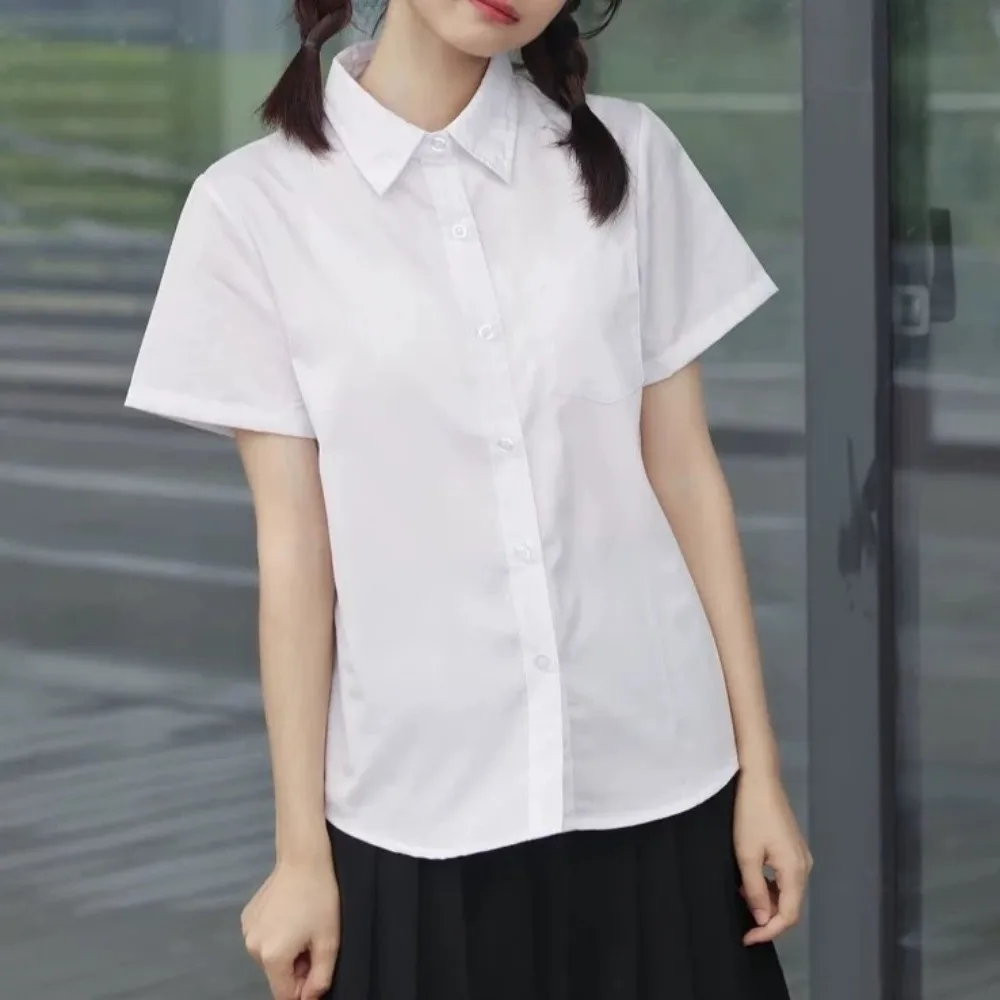 Camisa Blanca Clásica Informal, Camisa Básica de Corte Holgado, Estilo Preppy, Blusa de Manga Corta, Temporada de Gradua