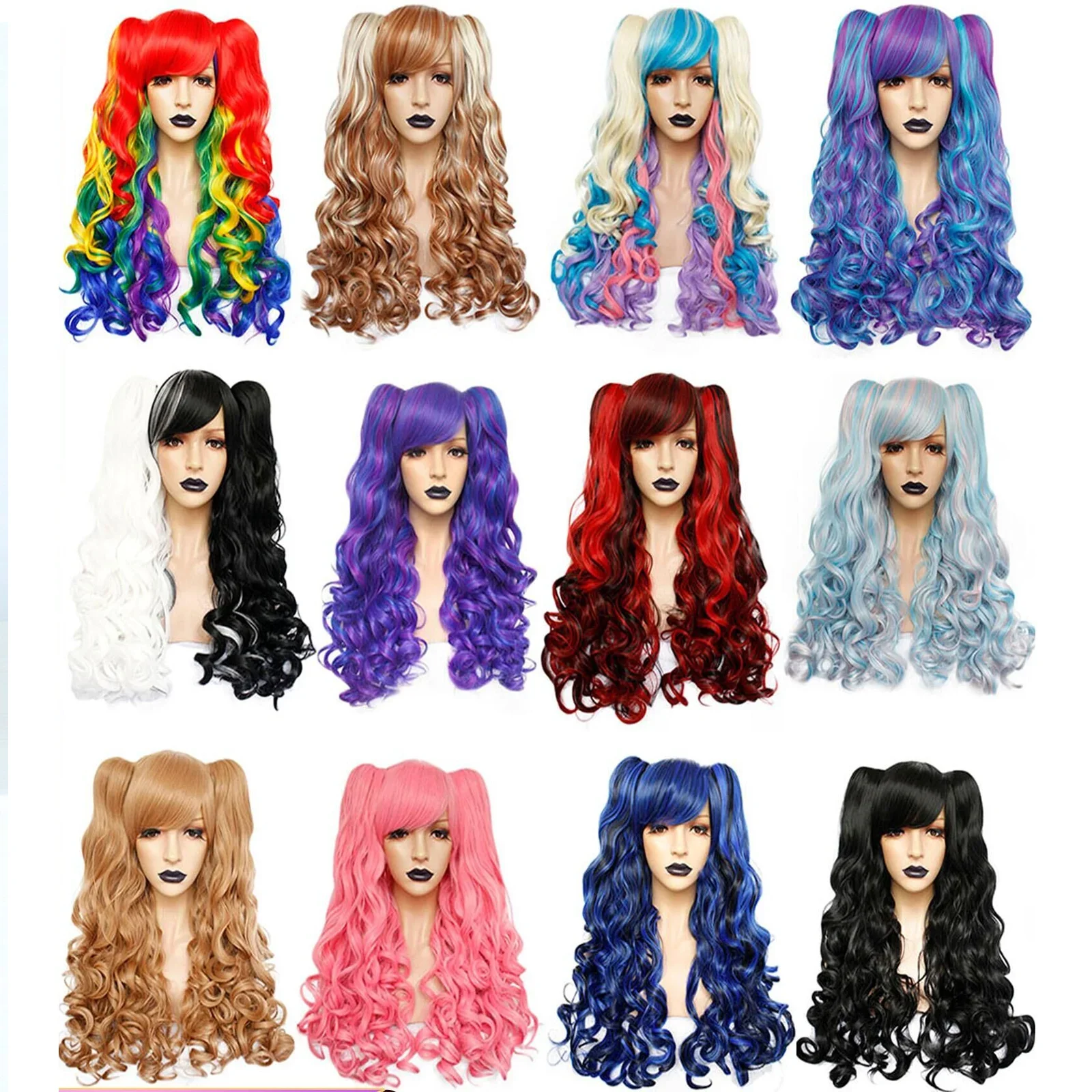 ANOGOL Cosplay Ponytail Wig Synthetic Long Colored Curly Girls Lolita Cosplay Wig With Double Ponytails &