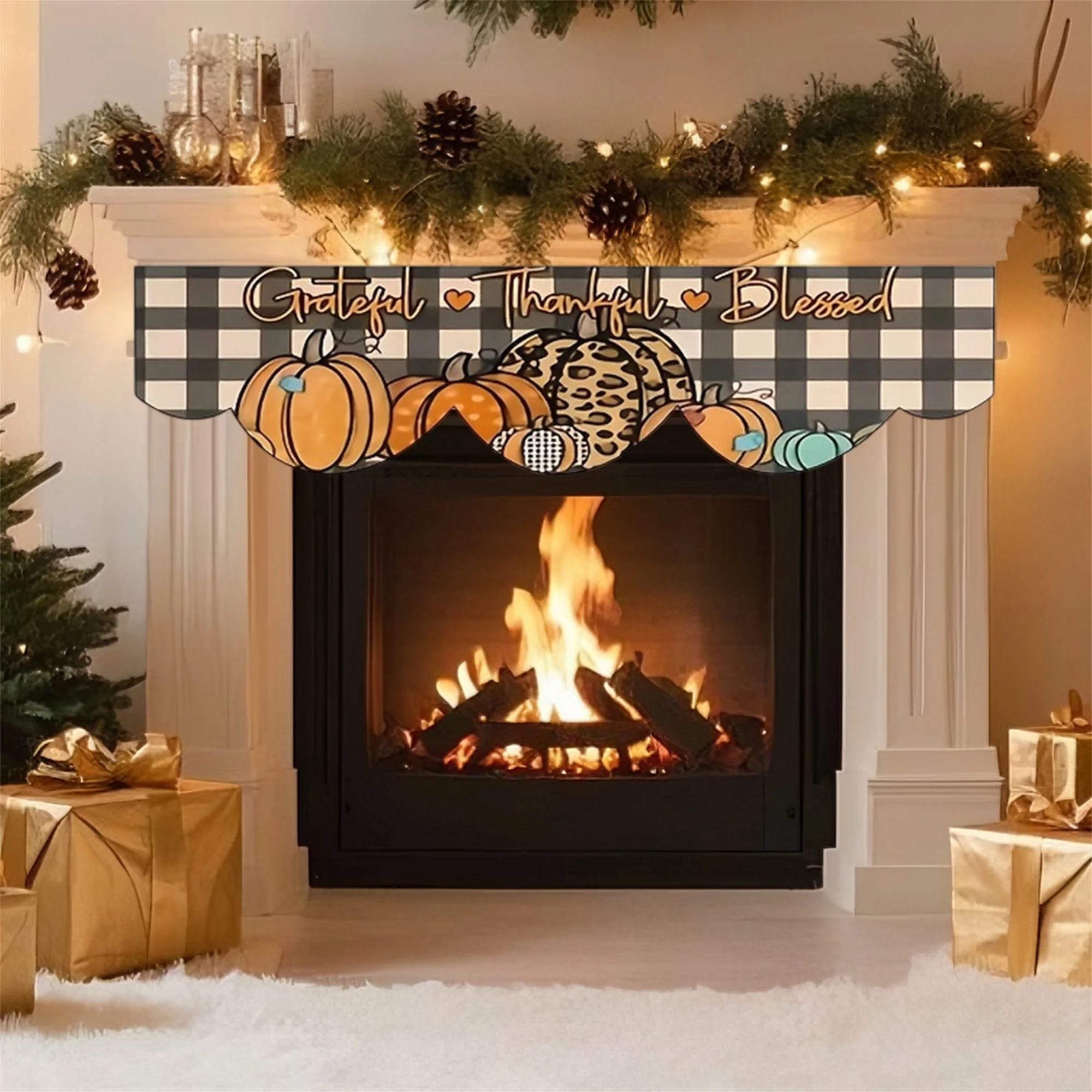 Thanksgiving Harvest Mantel Scarf Give Thanks Gratitude Blessed Pumpkin Plaid Mantel Runner for Fireplace Table Home Decor and