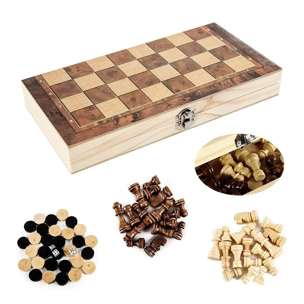 3 in 1 Chess Board Folding Wooden Portable Chess Game Board Wooden Chess Board for Adults(Chess + Checkers and Backgammon) 2