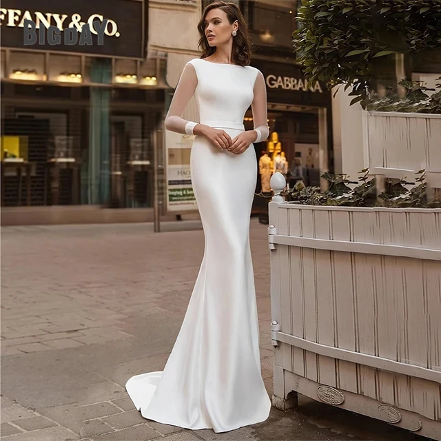 Elegant Long Sleeve Wedding Dress 2024 White Mermaid Open Back Soft Satin  Backless O-Neck Bridal Gown Lace Up Vestido De Novia