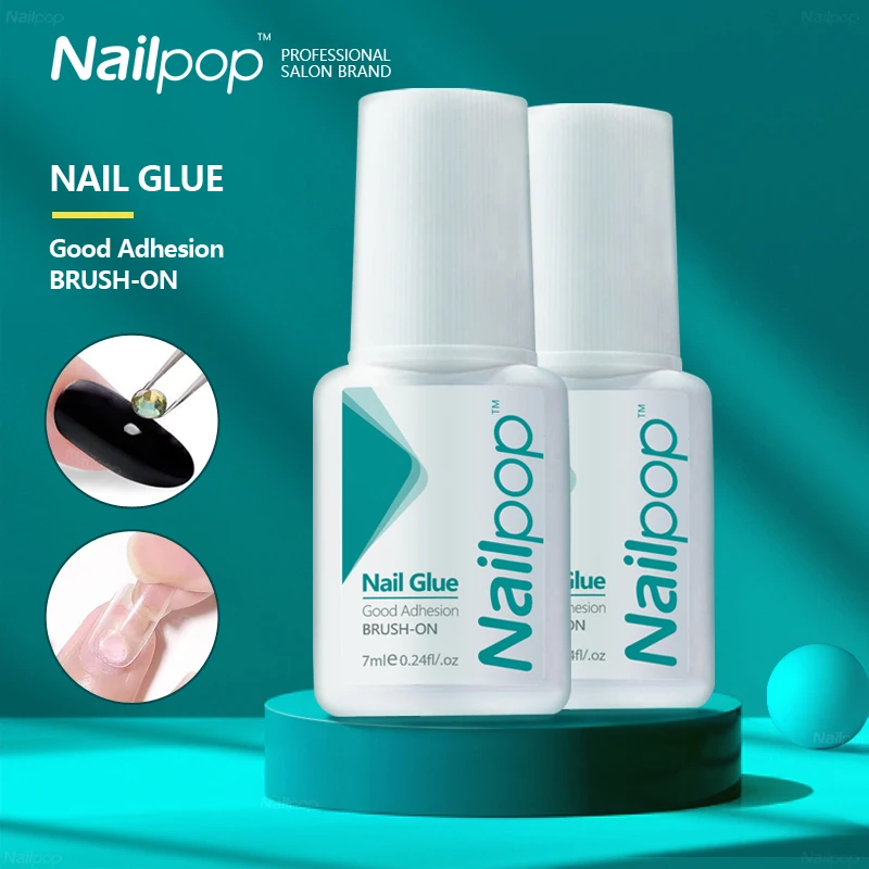 Nail Glue Nailpop for False Tips Glitter Acrylic Nail Art Adhesive Manicure Tool Rhinestone Glue Bottle Cap with Brush 2pcs