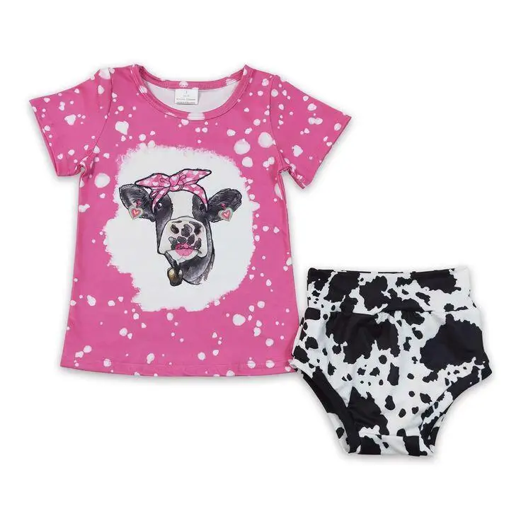 

Hot Sale Baby Girl Clothes Summer Bummies Outfits Cow Print Fashion Toddler Girls Clothes Bummies Set Short Sleeve Kids Clothing