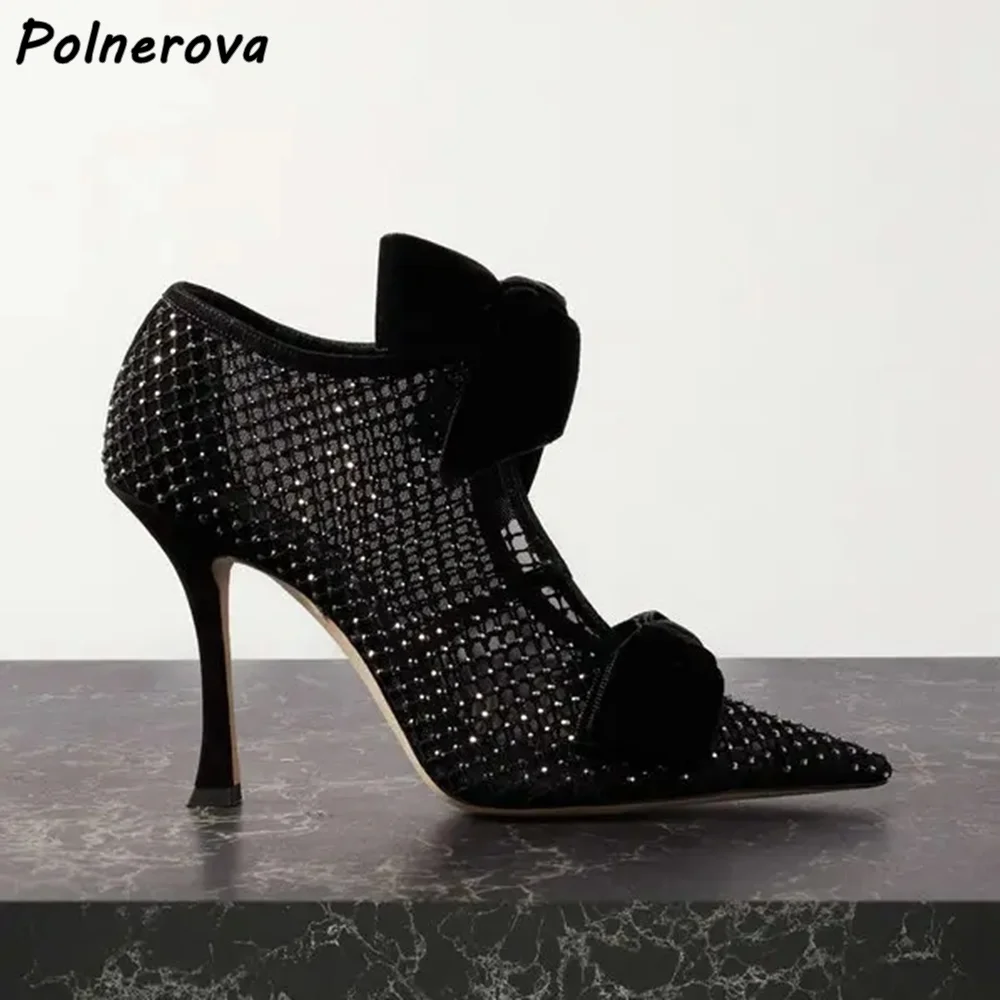 الهواء شبكة حجر الراين فراشة عقدة مضخات الجوف الأسود رقيقة الكعوب مدبب تو كريستال أحذية فاخرة المرأة مثير خنجر مضخات