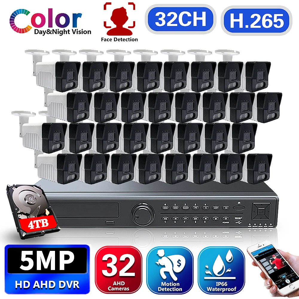 NINIVISION 5MP 32 Channel DVR Video Surveillance System Kit 32PCS Colorful Night AHD Camera CCTV Face Detection Motion detection |