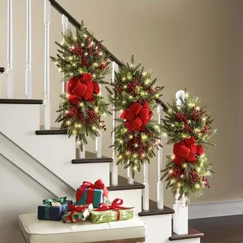 2025 Christmas Swag Wreath Wall Door and Window Hanging Pulp Cones Bow Pendant Door Wall Stair Wreath Decoration