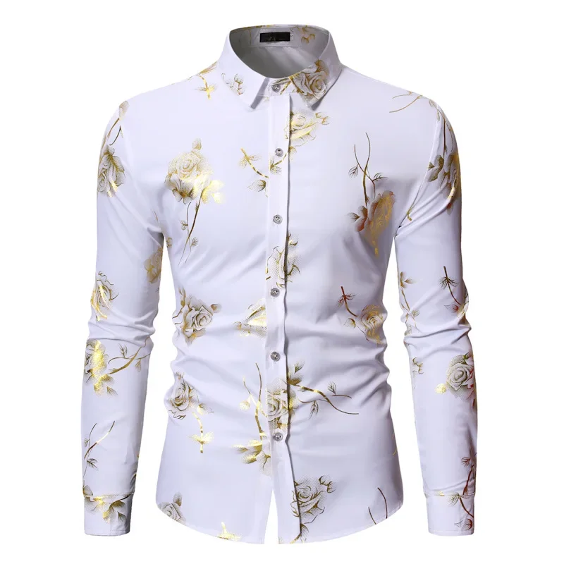 

Fashion Long Sleeve Hot Stamping Printed White Shirt Spring Casual Floral Shirt Male Men Oversized Social Shirt Boys Shirt Tops