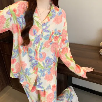 الكورية نمط مخطط رسالة الكلب منامة مجموعة أزياء الخريف الشتاء خمر 2 قطعة مجموعة المتسكعون جديد طويل الأكمام التلبيب الرقبة منامة 6