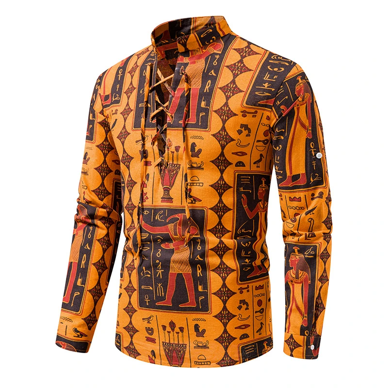 Camisas de vestir de lino y algodón de manga larga para hombre, camisa con estampado de patrón tradicional étnico Retro, hawaiana de playa de los años 70, XXL| | -