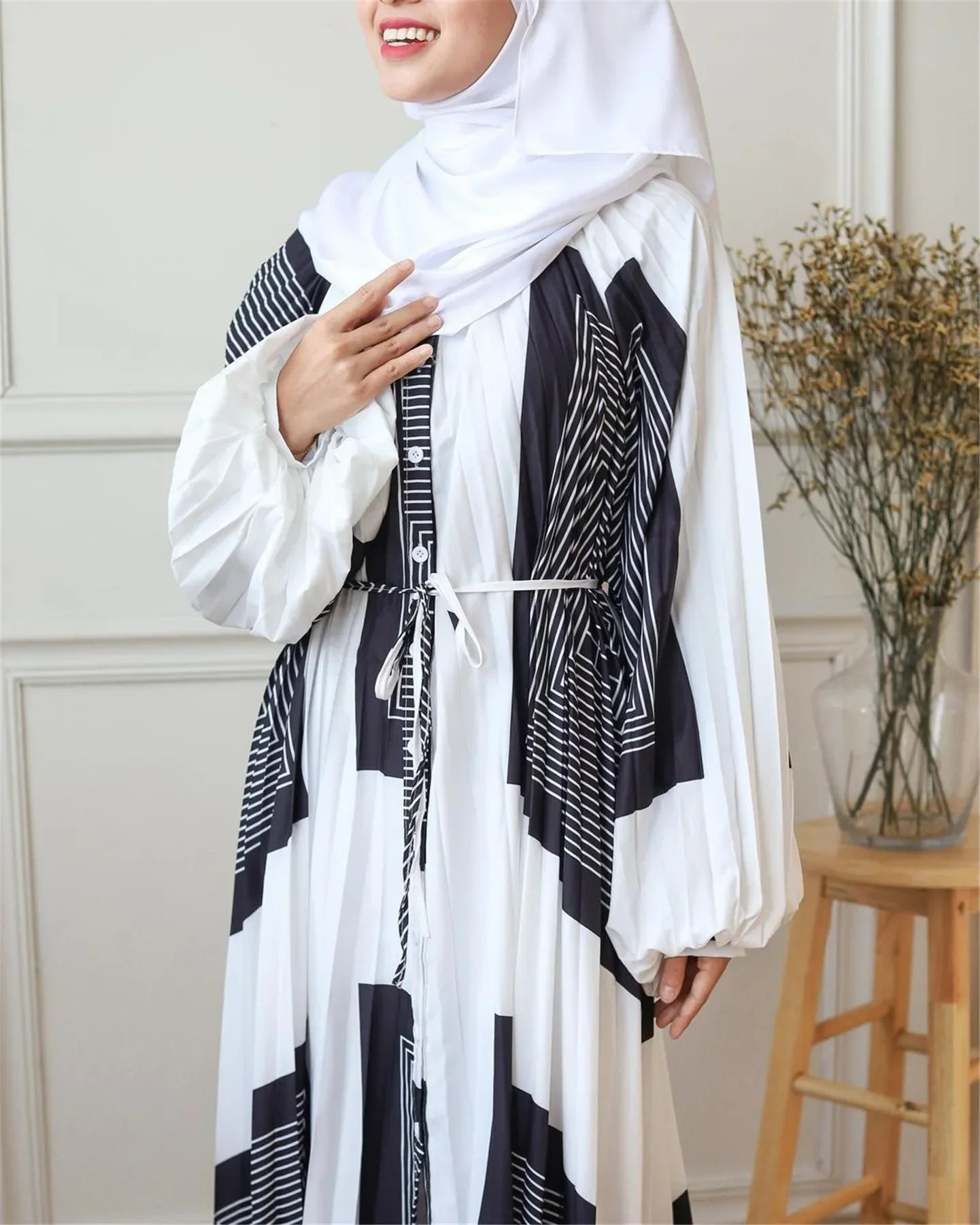 Hijab Muslim Dress Print Pleated Lantern Sleeve Loose Abaya Dubai Casual African Dresses for Women Robe Femme Musulmane Vestidos