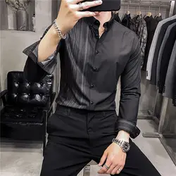 2023 Spring and Autumn Fashion Korean Edition Polo Collar Vertical Stripe Printing Slim Fit Non Iron Business Casual Men's Shirt