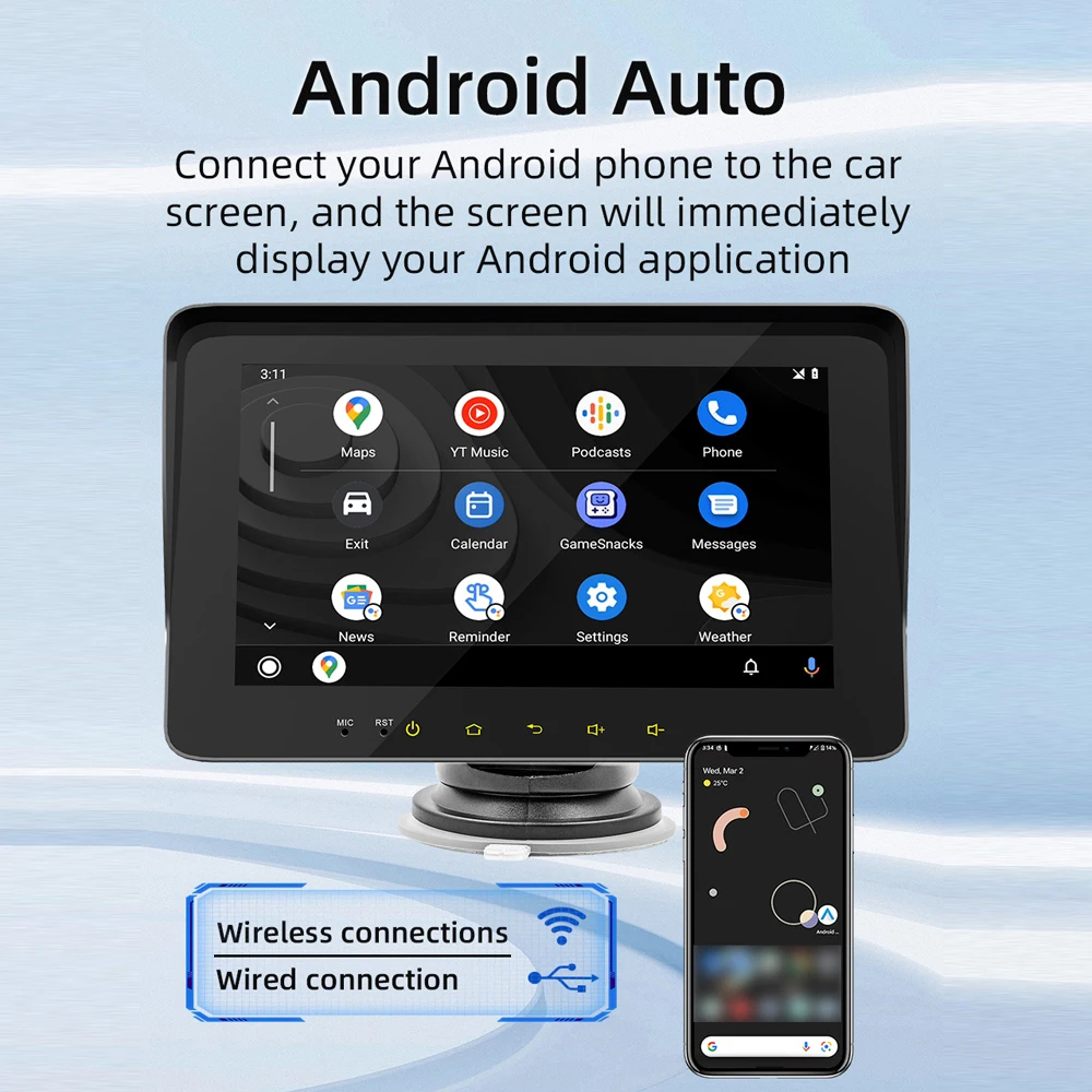 7 Inch Car Stereo MP5 Player BT Hands-Free Calling FM Radio Support Carplay Android Auto Phone Link Reversing Assist Dual USB