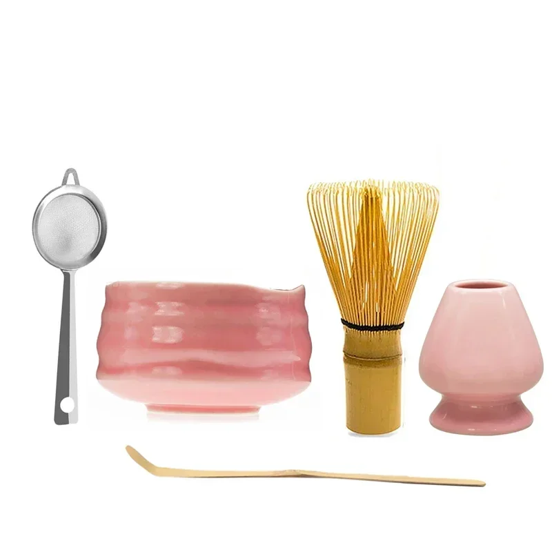 Matcha Tea Set Japanese Ceramic Glossy Pink Matcha Bowl Macha Tea Whisk Chawan Chasen Holder Scoop Sifter Cup Ceremony Gift Set