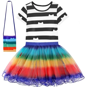 Children's Clothing Girls' Gabby Doll House Black White Stripe T-shirt Rainbow Skirt Set Gabby Cats Birthday Party Clothing Set 3