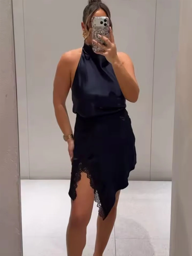 Women Solid Lace Splice Skirt Elegant Mini Skirts 2026 New Fashion Satin Lady Spring Summer Evening Party Skirts ﻿ ﻿