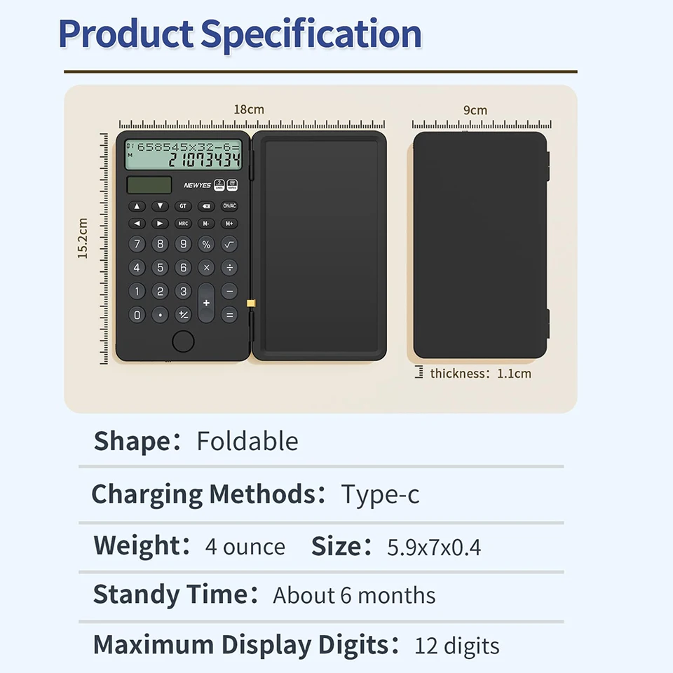 Basic Calculator Notepad With LCD Writing Tablet, Rechargeable, Lock - View #2