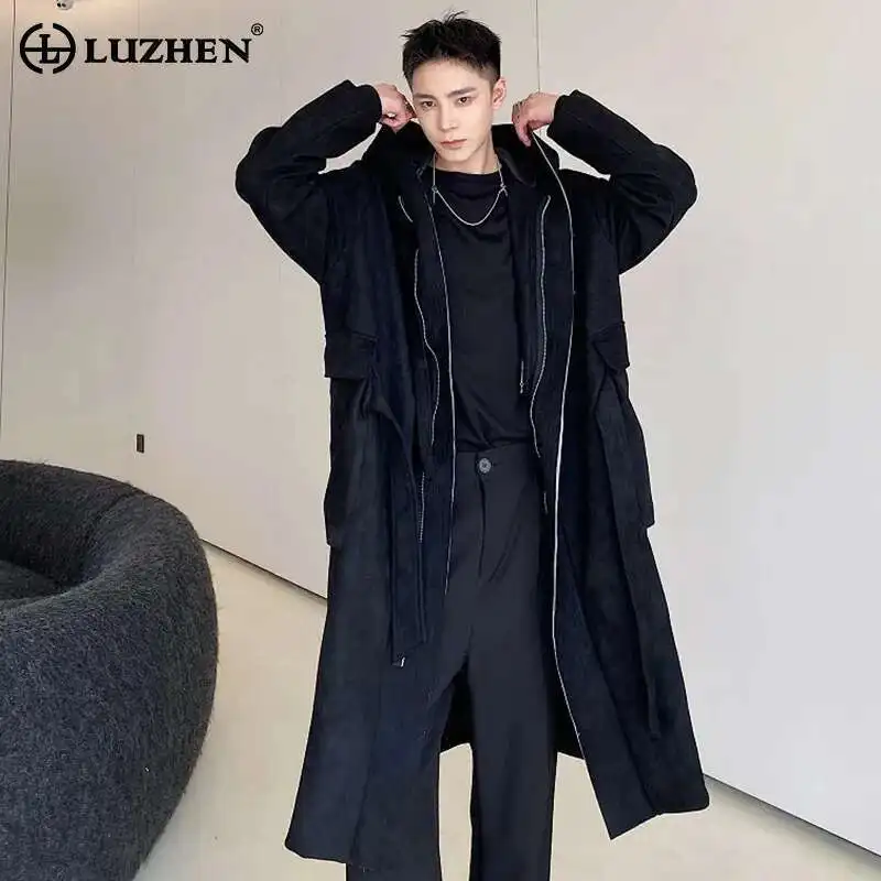 LUZHEN Autumn Winter Hooded Long Windbreaker Trendy Handsome Woolen Men Trench Casual Coat Solid Color Vintage Classy LZ6171