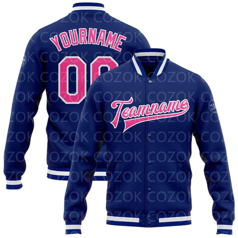 Custom Blue Pink 3D Printed Baseball Button Jacket Bomber Full-Snap Varsity Letterman Jacket