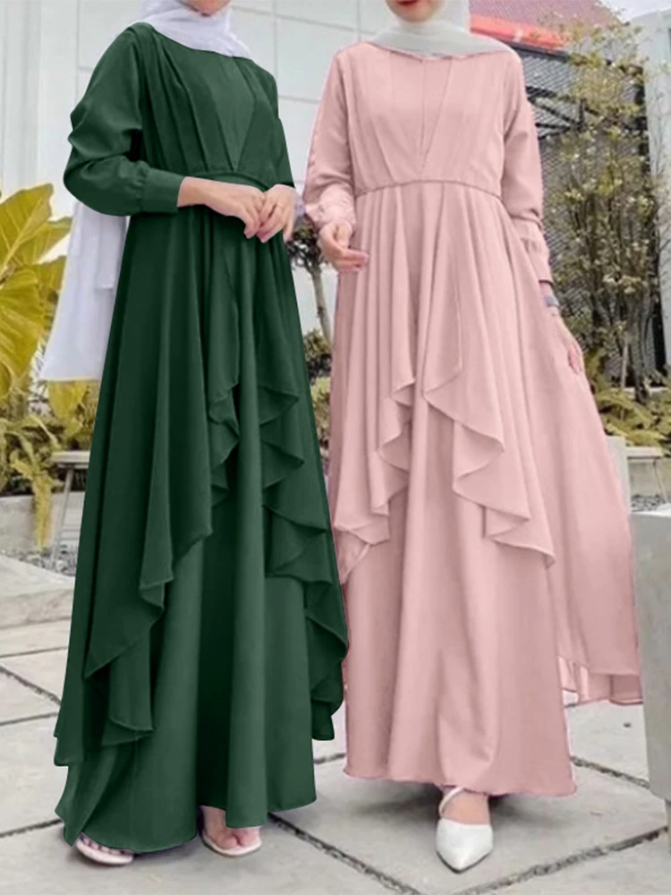 

Fashion Solid Chiffon Dress Women Spring Sundress Muslim Dress ZANZEA Casual Long Sleeve Irregular Vestidos Female Turkey Robe