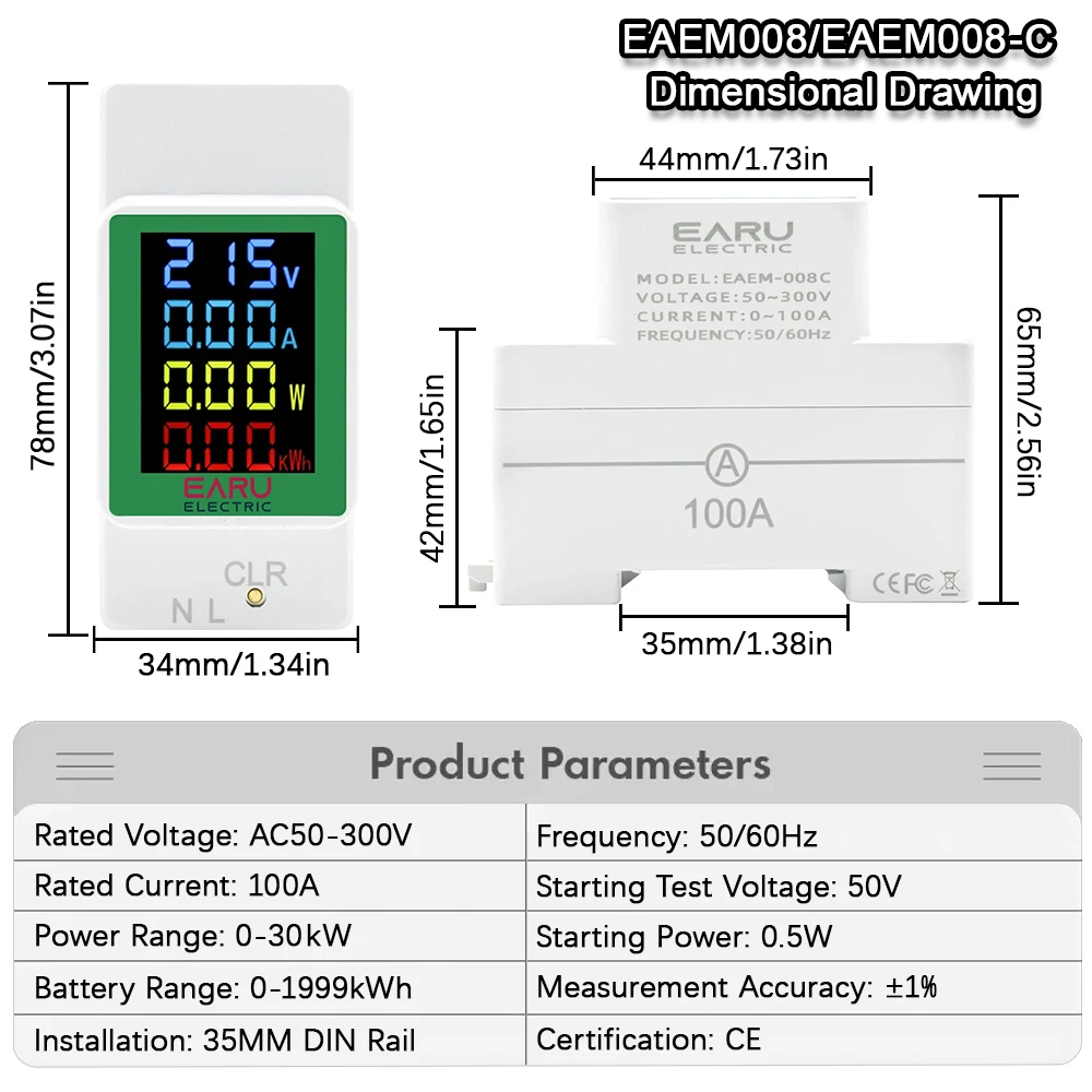 4IN1 디지털 AC 110V 220V 100A 전압 전류 kWh 전기 에너지 모니터 미터 VOLT AMP 전압계 Aammeter 전력계 Din Rail