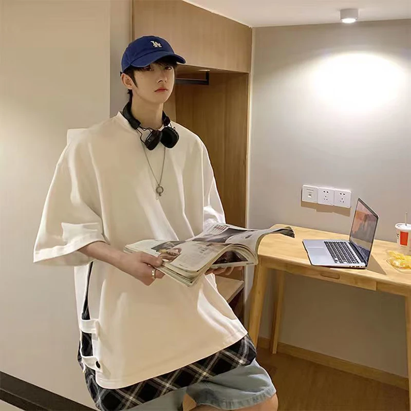 

Fake Two Piece Plaid Patchwork Button Oversized Clothing Korean Fashion 2022 Harajuku Hoodie Short Sleeve Summer Autumn Men Top