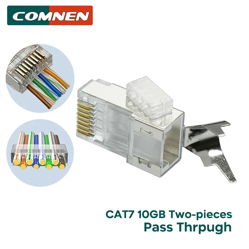 Comnen Cat8 Cat7 Cat 6A Pass Through Rj45 Connettori Di Rete Con Spina Modulare Placcato In Oro 8 P8C Crimp End Per Cavo Ethernet Ftp/Stp