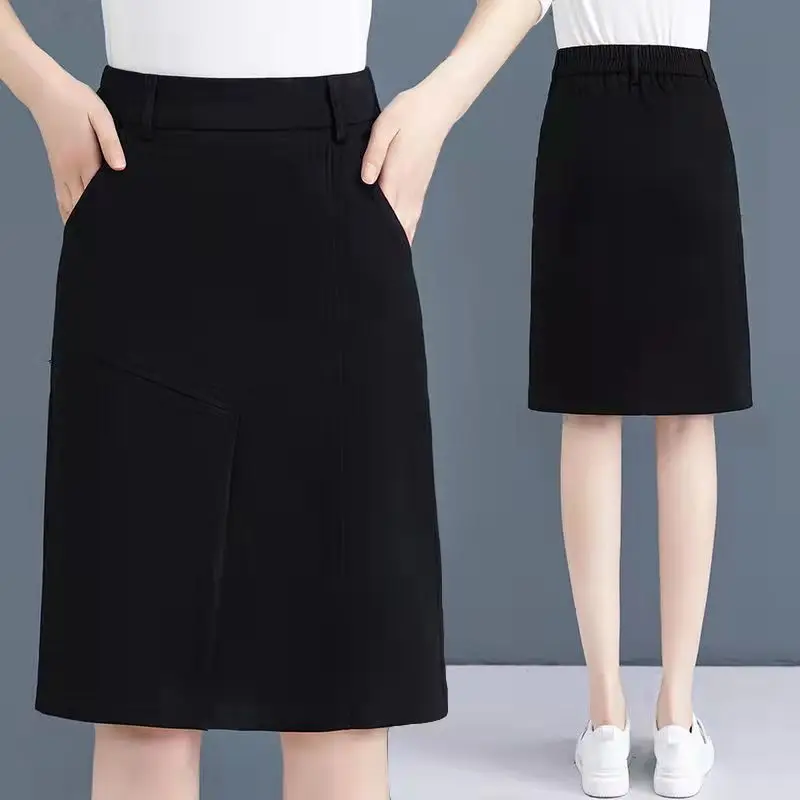 New Spring and Summer Women's Solid Colors Spliced High Waist Loose Elastic Bag Hip A-Line Fashion Casual All-match Skirt