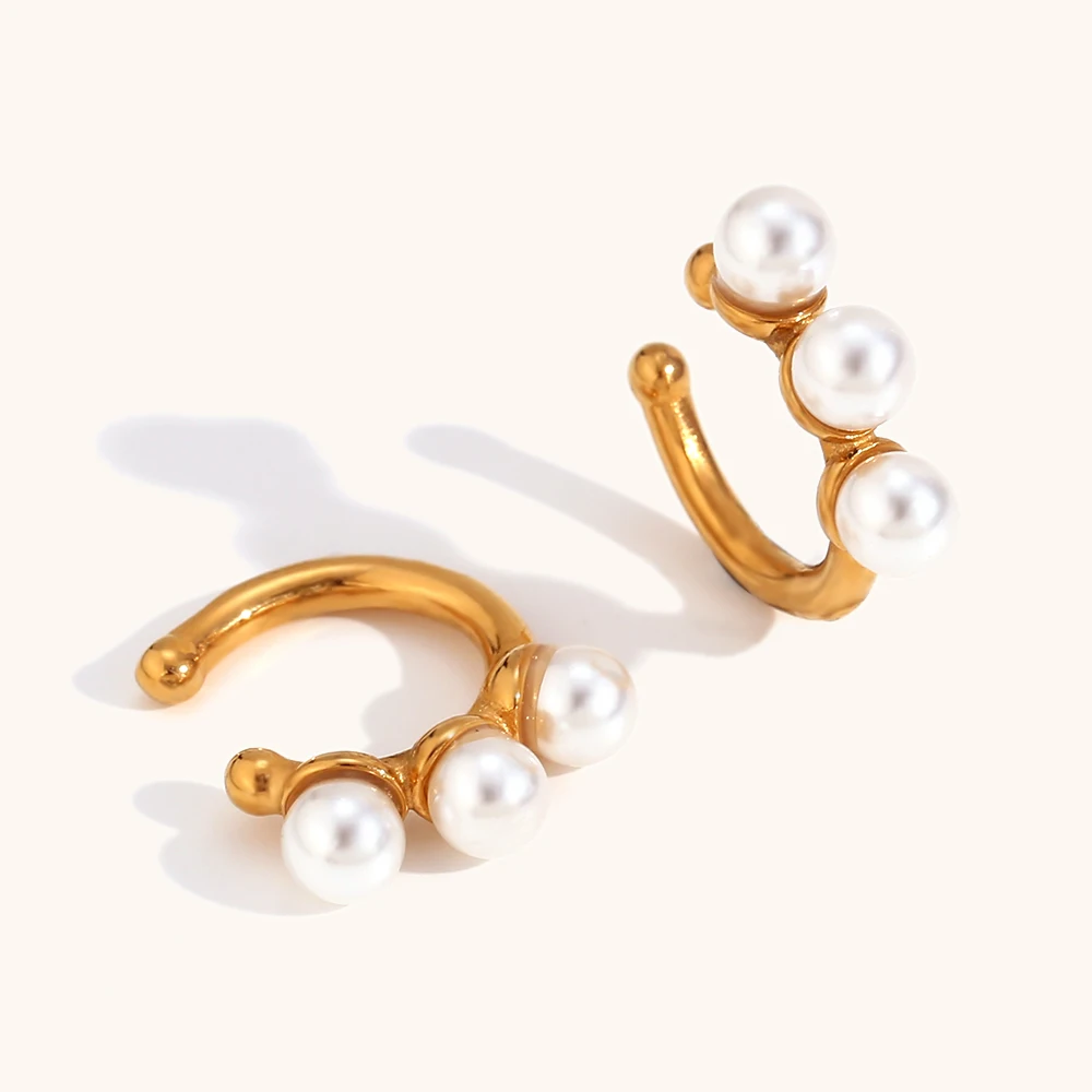 New Elegant Three Pearls C Shape Ear Cuffs Gold Color Silver Color Stainless Steel Earrings For Woman Daily High Quality Jewelry