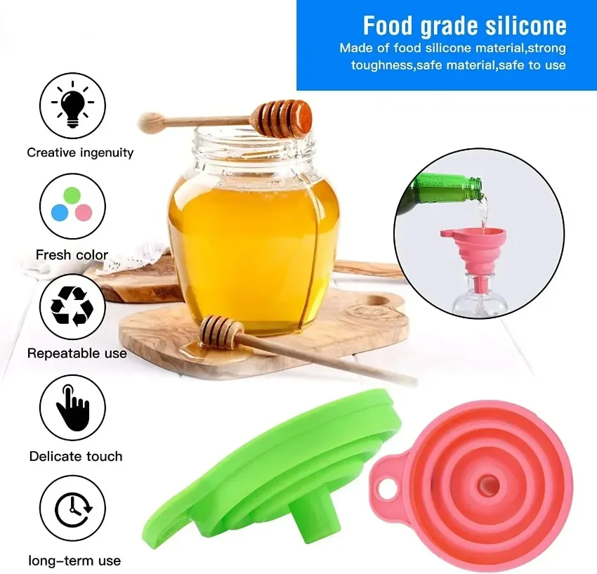 Description Picture 4 of item3 pc Silicone Collapsible Foldable Funnel Household Kitchen Cooking Tools Portable Wine Mini Portable Oil Pot Funnel