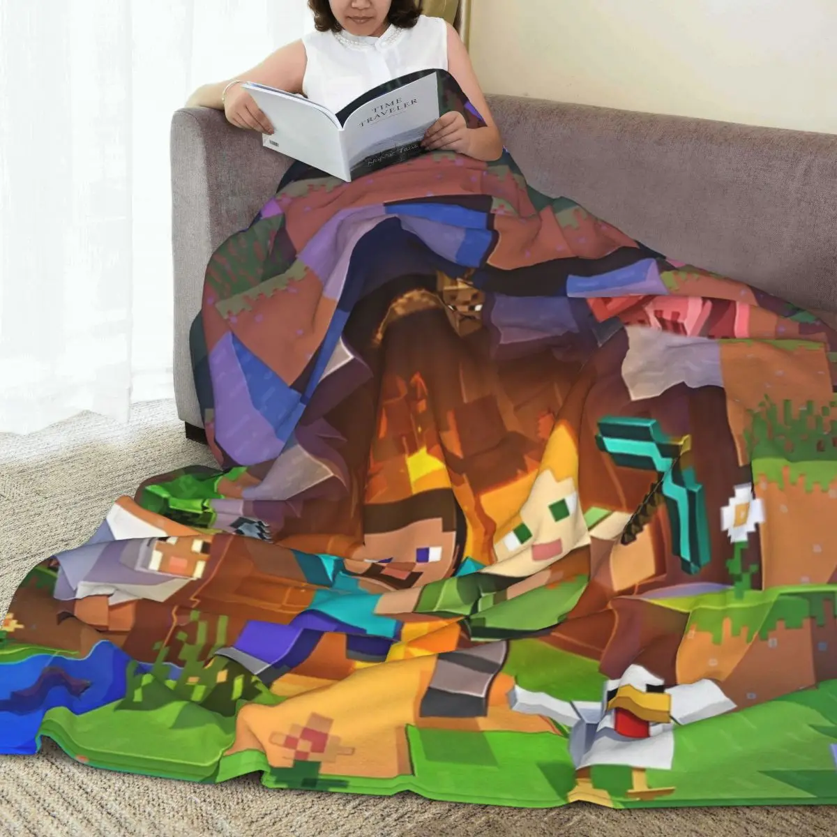 Cartoon Mines Pixel Game Crafts Flannel Blanket Super Warm Throw Blanket for Home Decor Decorative Street Trend Bedspread 3