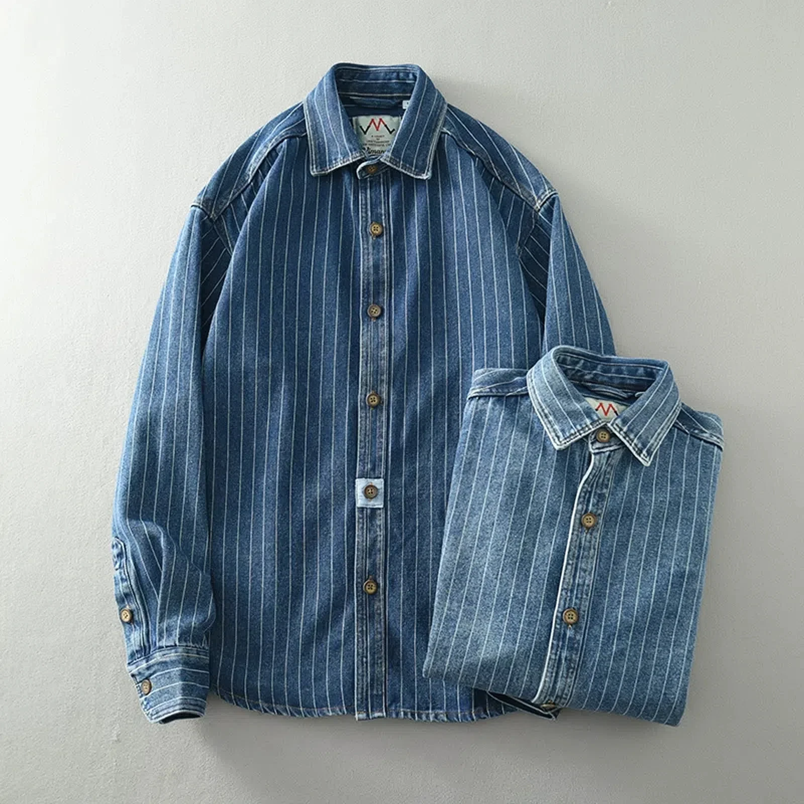 Denim Shirt Long Sleeved Shirt Classic retro striped denim shirt for men long sleeves washed loose blue trend plus size men's shirt tide